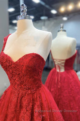 One Shoulder Open Back Red Lace Long Semi Formal Prom Dresses, Sweetheart Neck Red Lace Formal Dresses, Red Evening Dresses